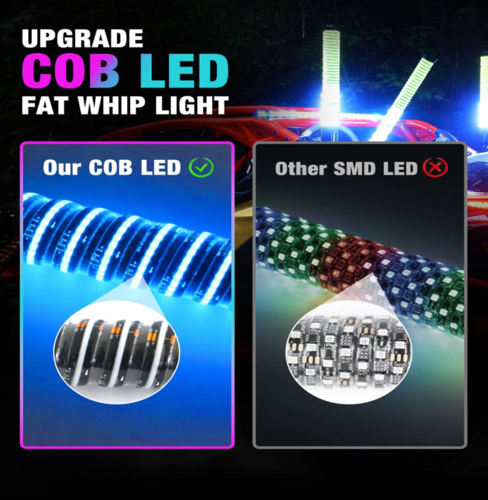 2PCS COB Fat Whip Lights - App & Remote Control, Brake/Signal/Reverse Sync, Spiral RGB Chasing for UTV ATV Polaris RZR Can-Am