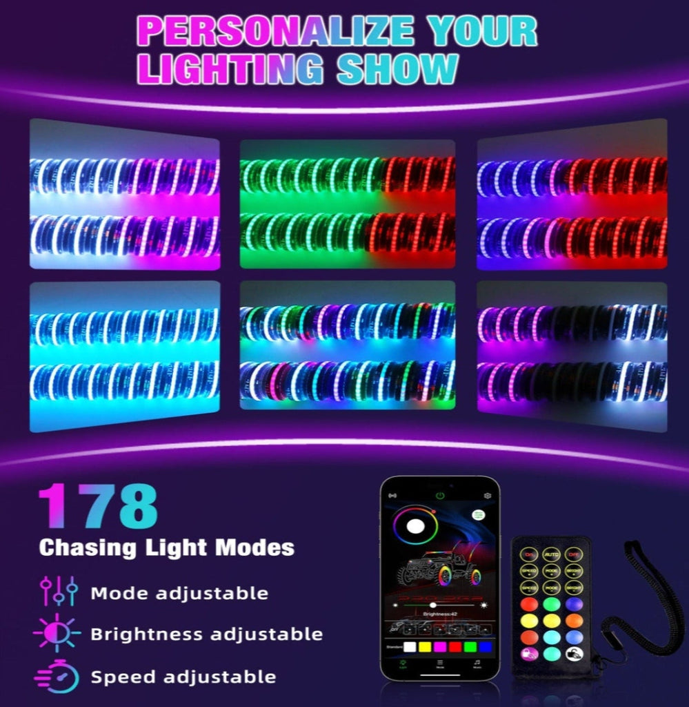 2PCS COB Fat Whip Lights - App & Remote Control, Brake/Signal/Reverse Sync, Spiral RGB Chasing for UTV ATV Polaris RZR Can-Am