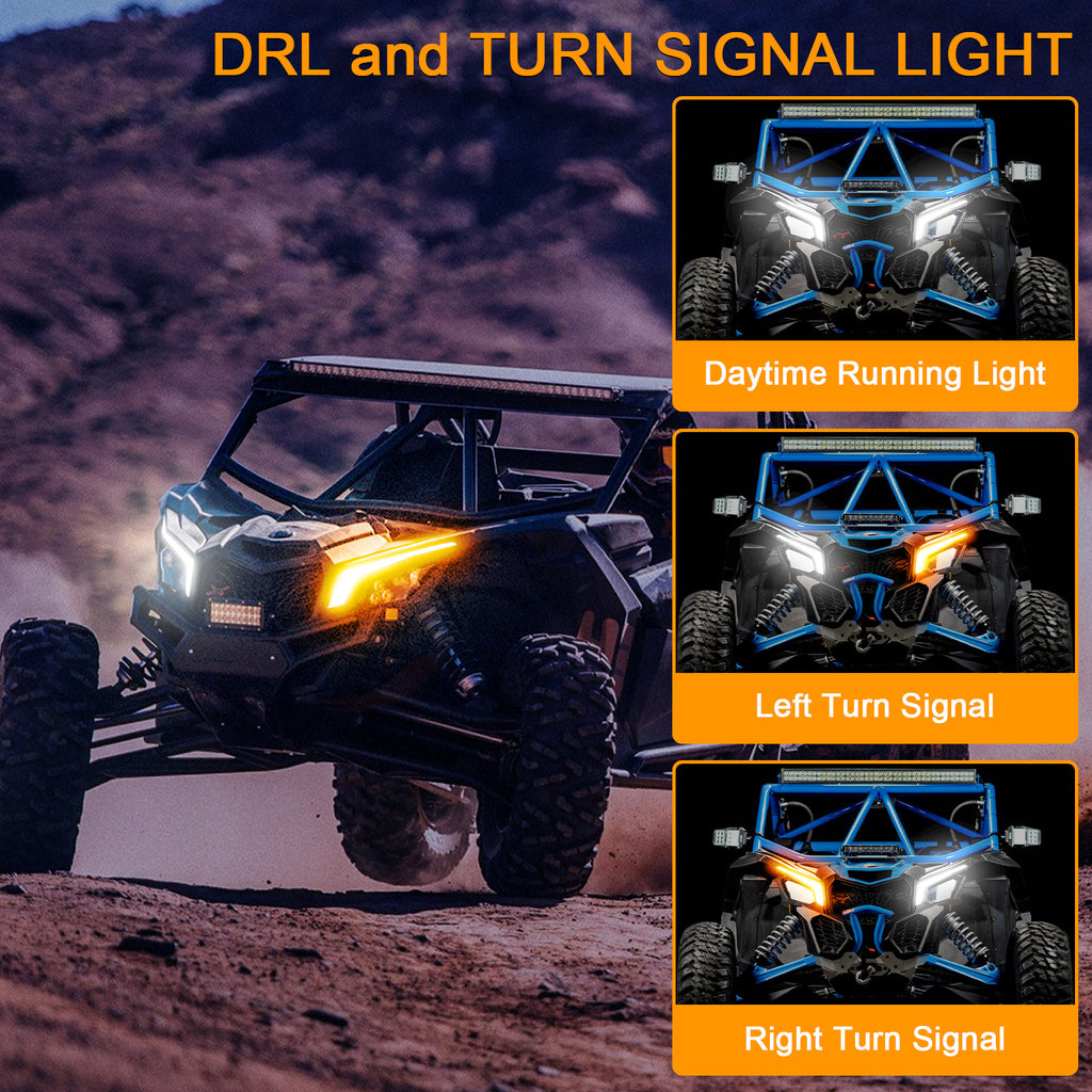 X3 Front Signature Accent Fang Lights Compatible with Can Am Maverick X3 XDS XRS Max Turbo R 2017 2018 2019 2020 2021 2022 2023 | LED White DRL & Amber Turn Signal