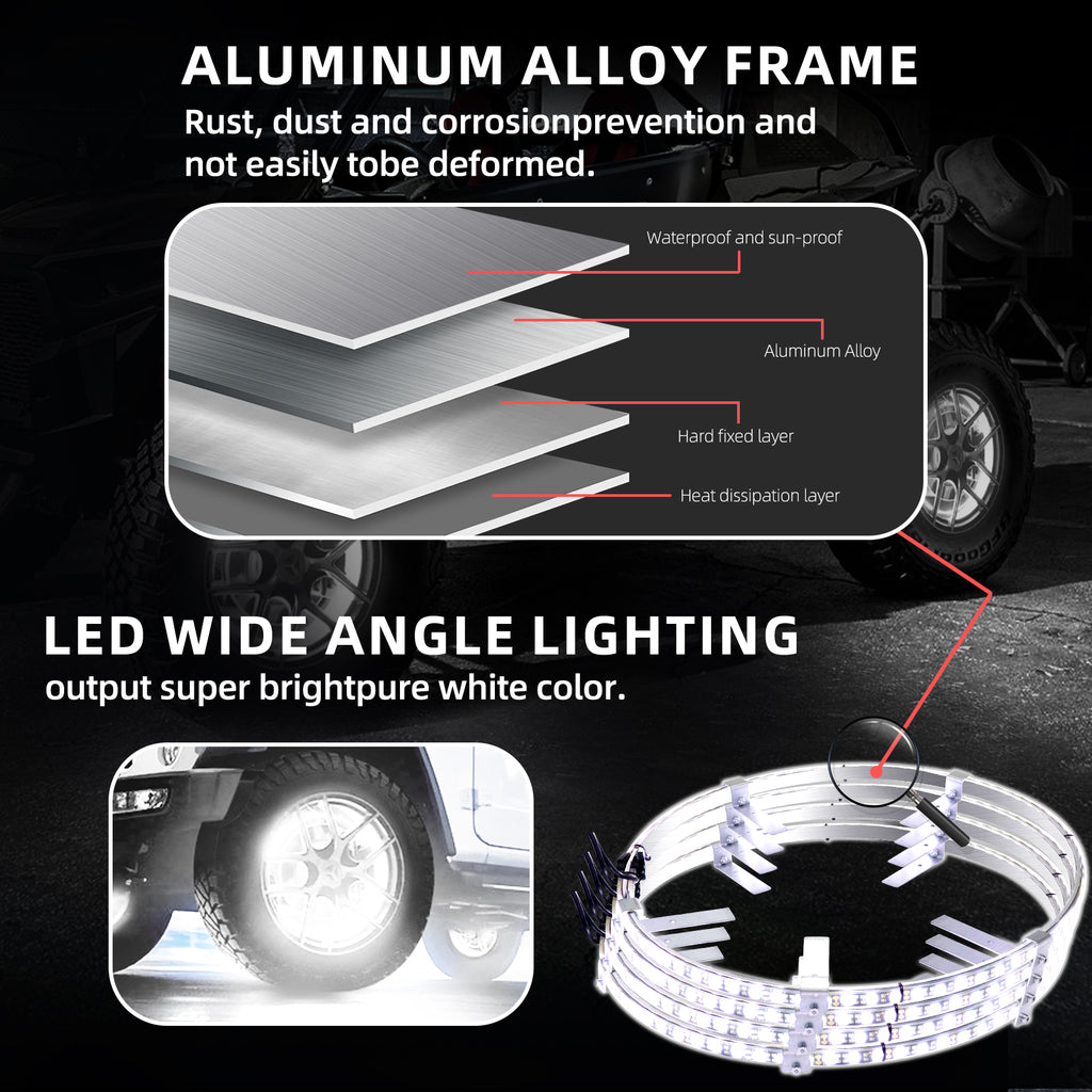 Adjustable 6500K Ultra-Bright Pure White LED Wheel Ring Lights for Trucks Cars SUVs Pickups Vehicle Offroad | Single-Sided Single Row