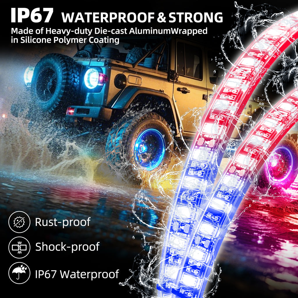 Single Row RGB LED Wheel Ring Lights for Trucks Pickups Cars Offroad | 178+DIY Dynamic Modes w/Turn Signal Braking and Reverse Function