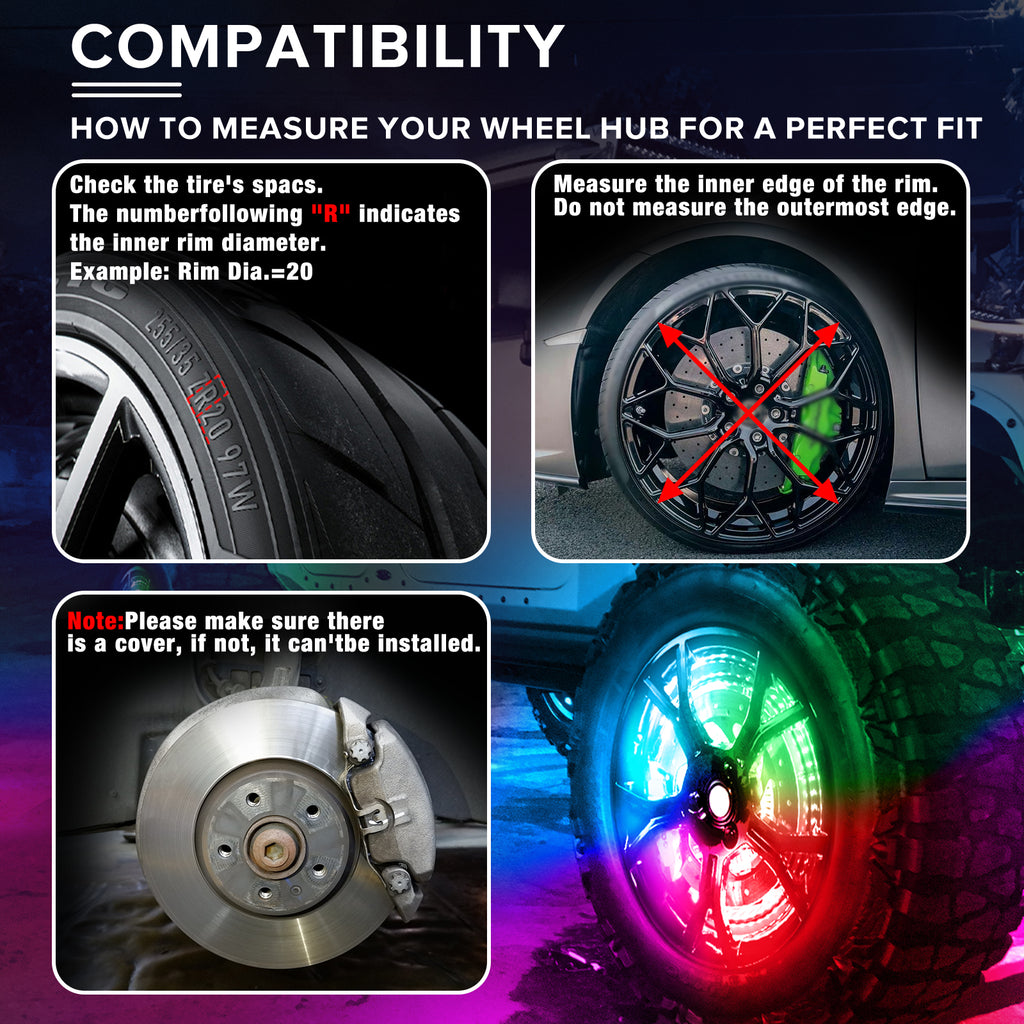 Single Row RGB LED Wheel Ring Lights for Trucks Pickups Cars Offroad | 178+DIY Dynamic Modes w/Turn Signal Braking and Reverse Function