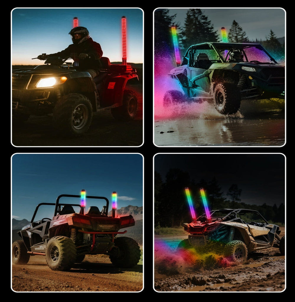 2PCS COB Fat Whip Lights - App & Remote Control, Brake/Signal/Reverse Sync, Spiral RGB Chasing for UTV ATV Polaris RZR Can-Am