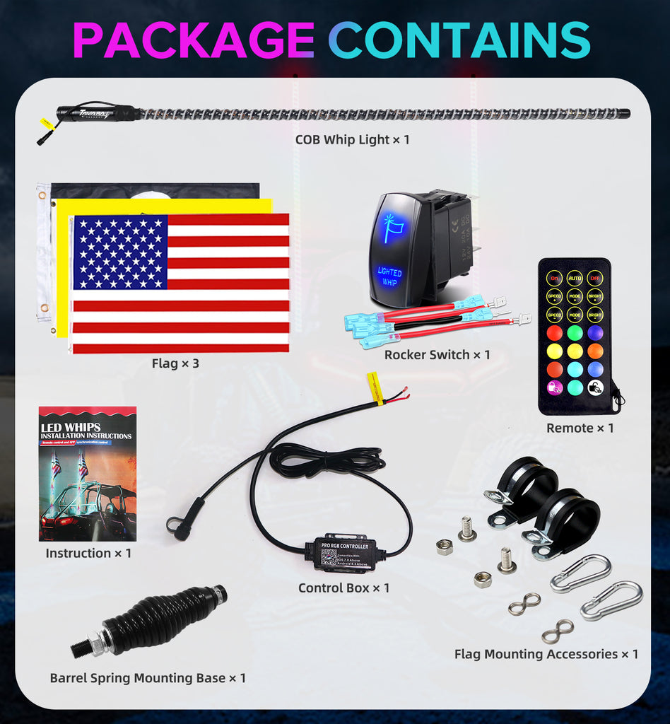 COB LED Whip Light (App&Remote) | DIY Patterns | RGB Chasing for UTV/ATV/Polaris/RZR/Can-Am/SXS Truck
