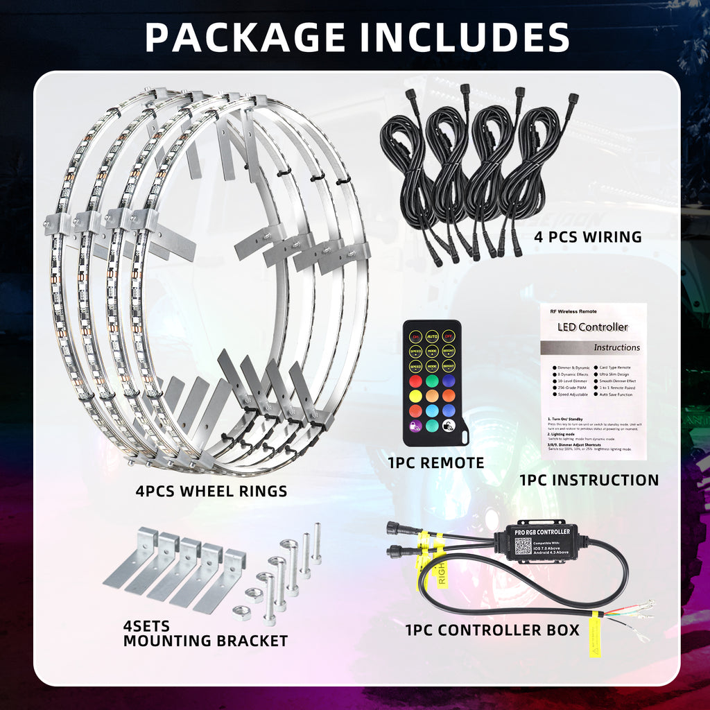 Single Row RGB LED Wheel Ring Lights for Trucks Pickups Cars Offroad | 178+DIY Dynamic Modes w/Turn Signal Braking and Reverse Function