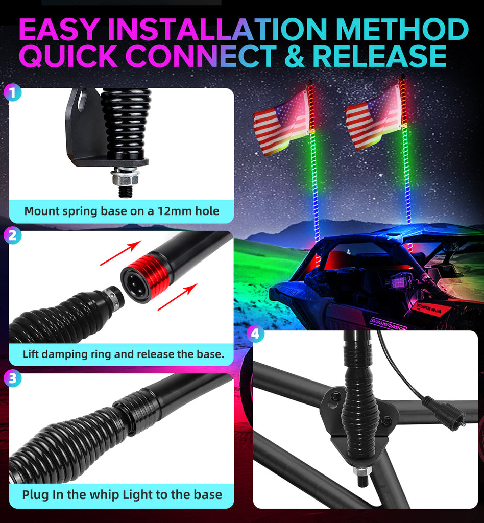 2PCS COB LED Whip Light (App&Remote) | DIY RGB Chasing | IP67 Waterproof | Quick Install for UTV/ATV/Truck