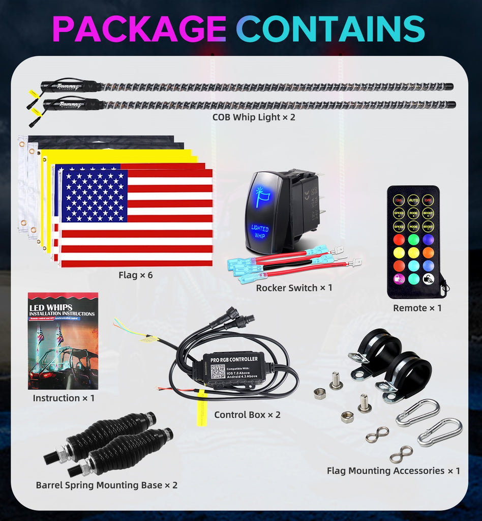 2PCS COB LED Whip Light (App&Remote) | DIY RGB Chasing | IP67 Waterproof | Quick Install for UTV/ATV/Truck