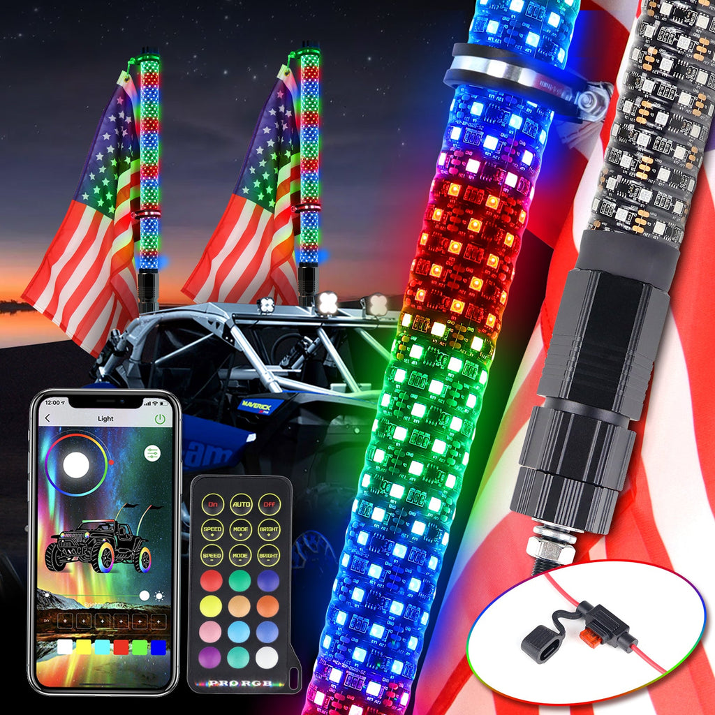 RF Remote+App Control  Dacning/Chasing Color Fat Strong LED Whip Lights for ATV/UTV/SXS