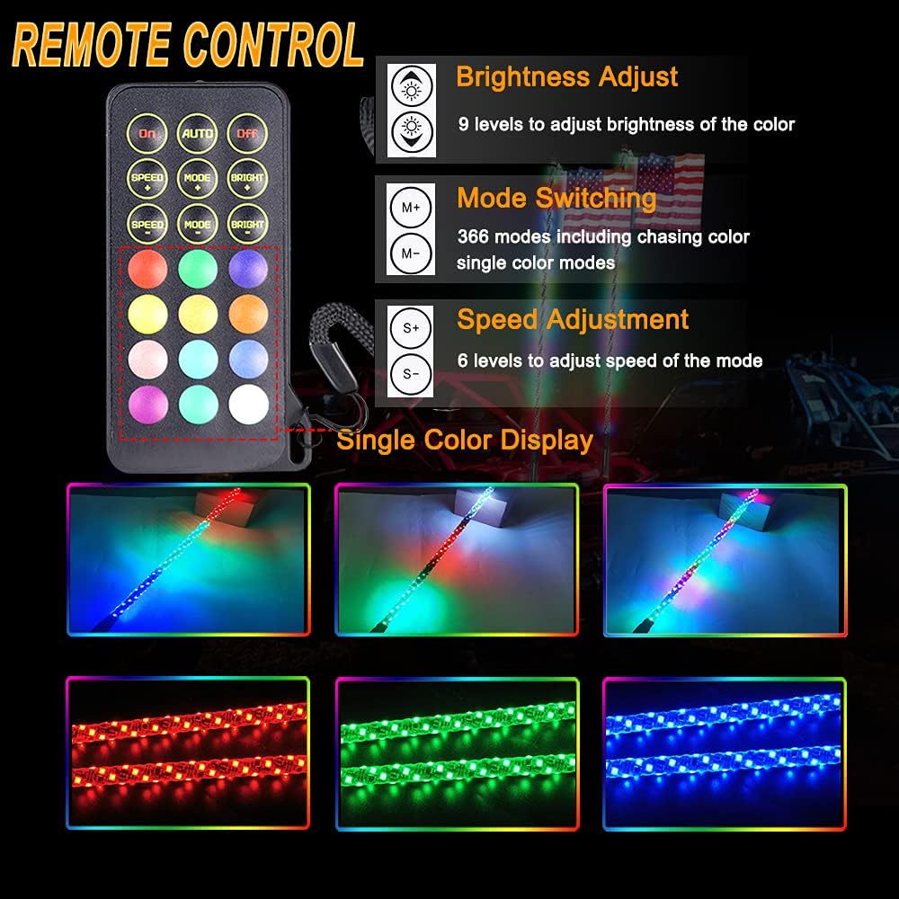 RF Remote Control  Dacning/Chasing Color LED Whip Lights for ATV/UTV/SXS